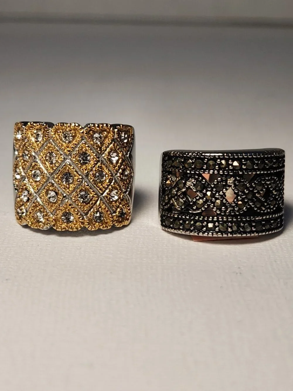 NWT Set of Gold Quilted Pavé + Black Marcasite Wide Band Ring Bundle Size 6 - Picture 6 of 10